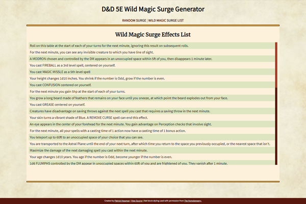 D&D 5E Wild Magic Surge Generator